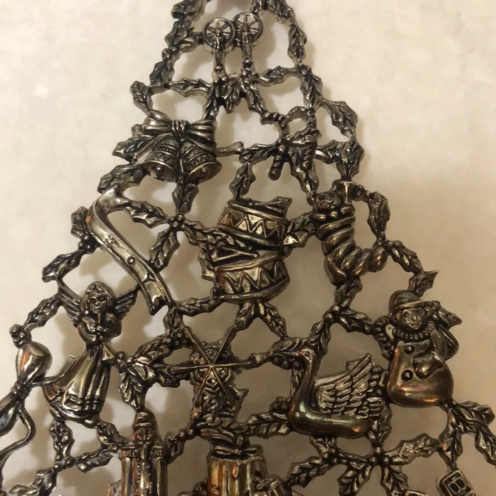 Vintage Silver Plate Christmas Tree Candle Holder Ornaments/Presents 10”x6.5”